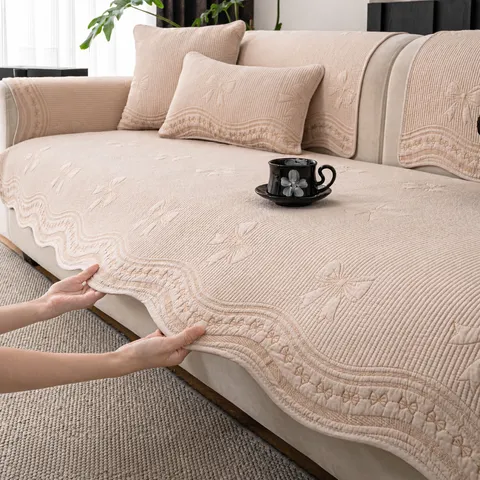French Cream Style Cotton Sofa Cushion Solid Color Embroidered Slipcover Decorative Cover For Home Living Room