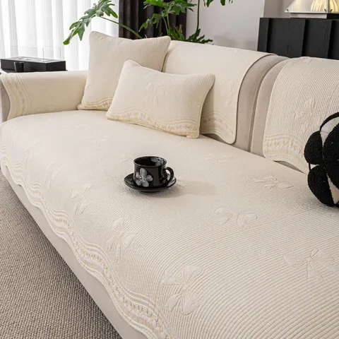 Cojín de Sofá de Algodón Estilo Crema Francesa Color Sólido Funda Bordada Cubierta Decorativa Para Hogar Sala de Estar