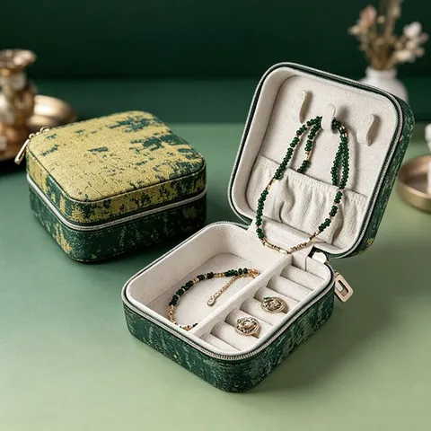 Portable Jewelry Box Vintage Chinese Style Travel Jewelry Organizer Leather Jacquard Case For Earrings Necklace Ring Storage Organizer Zipper Closure Jewelry Box