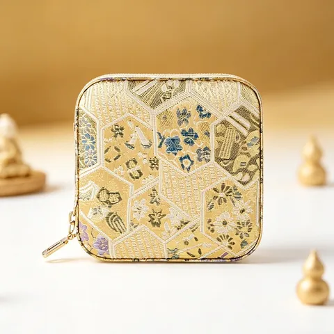Traditional Chinese Gold Brocade Jewelry Box Retro Jacquard Travel Portable Jewelry Organizer Case For Rings Earrings Necklaces