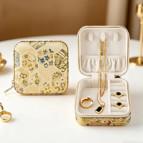 Traditional Chinese Gold Brocade Jewelry Box Retro Jacquard Travel Portable Jewelry Organizer Case For Rings Earrings Necklaces