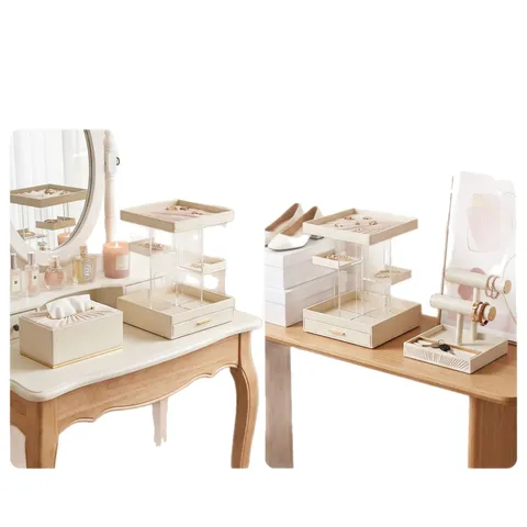Ins Style PU Leather Pleated Desk Organizer Tray Jewelry Display Stand Rotating Makeup Storage Box Tissue Holder For Dressing Table Bedroom Home Decor