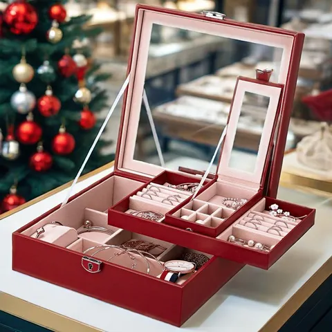 Portagioie in Pelle PU Grande Capacità Stile Europeo Con Specchio Doppio Strato Chiusura in Metallo Custodia Organizzatore Per Regalo di Natale Donna Espositore