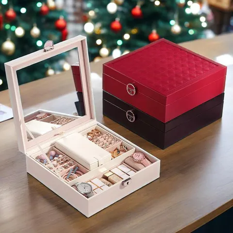 Portagioie in Pelle PU Grande Capacità Stile Europeo Con Specchio Doppio Strato Chiusura in Metallo Custodia Organizzatore Per Regalo di Natale Donna Espositore
