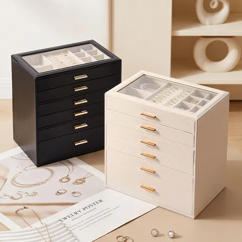 Grande Scatola Portagioie in Pelle Custodia Multistrato Con Finestra in Vetro Organizer per Collane Orologi Anelli Bracciali