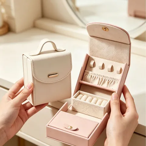 Portable PU Leather Jewelry Box Travel Mini Jewelry Organizer For Rings Earrings Necklaces Bracelet With Handle Metal Buckle Storage Box