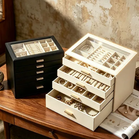 Large Capacity Multi-layer Jewelry Box With Glass Window PU Leather Jewelry Organizer Case For Rings Necklaces Earrings Women High-end Storage Chest
