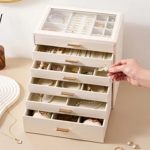 Grande Scatola Portagioie in Pelle Custodia Multistrato Con Finestra in Vetro Organizer per Collane Orologi Anelli Bracciali