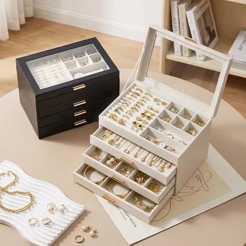 4-Layer Leather Jewelry Box With Clear Window Flip Top Multi-Drawer Large Capacity Jewelry Organizer Case For Rings Necklaces Earrings