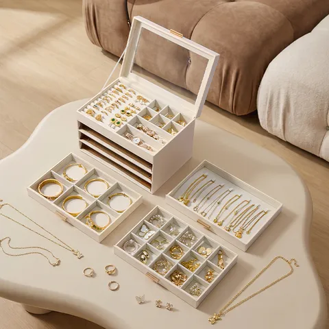 4-Layer Leather Jewelry Box With Clear Window Flip Top Multi-Drawer Large Capacity Jewelry Organizer Case For Rings Necklaces Earrings