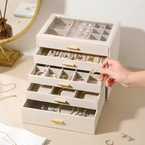 Large Capacity Multi-layer Jewelry Box With Glass Window PU Leather Jewelry Organizer Case For Rings Necklaces Earrings Women High-end Storage Chest