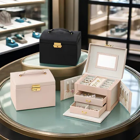3-Tier PU Leather Jewelry Box With Mirror And Lock Portable Jewelry Organizer Case For Necklaces Earrings Rings Storage
