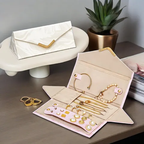 Portable Folding Leather Jewelry Organizer Box Marble Texture European Style Compact Jewelry Case For Rings Necklaces Earrings Storage