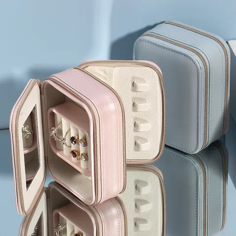 Cute Style PU Leather Double Layer Jewelry Box Portable Mini Travel Jewelry Case With Mirror Storage Organizer For Rings Earrings