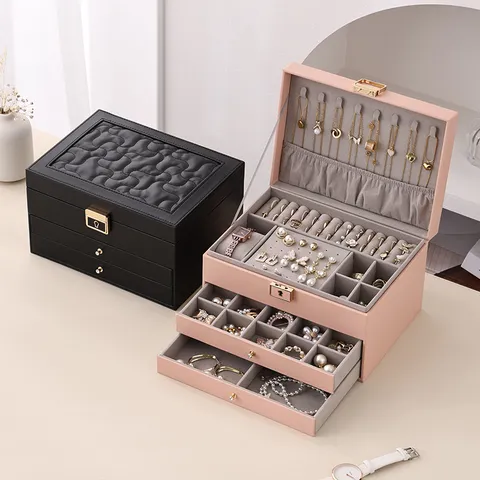 Large Capacity Double Layer PU Leather Jewelry Box Quilted Jewelry Organizer Case with Metal Lock for Necklaces Earrings Rings Women Jewelry Storage