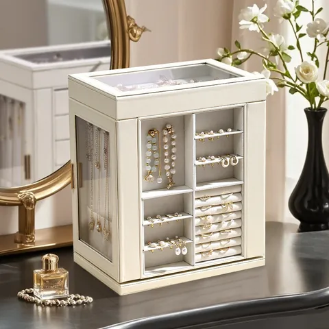Boîte à Bijoux Multicouche en Cuir PU Grande Capacité Avec Portes Rotatives Tiroirs à Fenêtre Transparente pour le Rangement de Boucles d'Oreilles Colliers Bagues