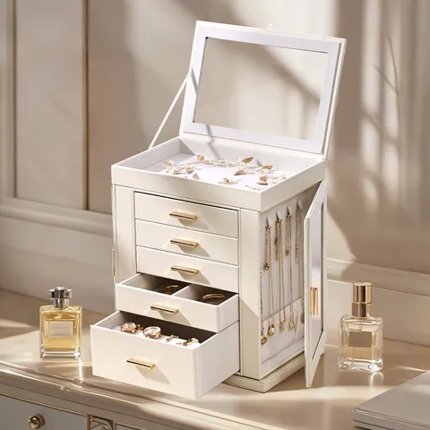 Boîte à Bijoux Multicouche en Cuir PU Grande Capacité Avec Portes Rotatives Tiroirs à Fenêtre Transparente pour le Rangement de Boucles d'Oreilles Colliers Bagues