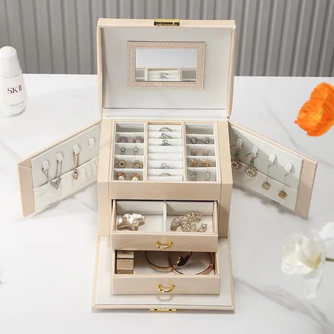 Portable PU Leather Jewelry Box With Mirror 3-Layer Drawer Organizer For Earrings Rings Necklaces Storage Case Women Travel Jewelry Chest