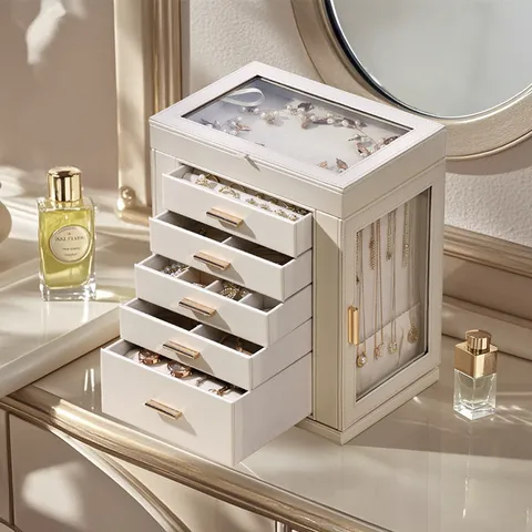 Coffre à Bijoux Multi Couches Rotatif en Cuir Grande Capacité Vitrine Fenêtre en Verre Boîte de Rangement Organisateur pour Colliers Bagues Boucles d'Oreilles pour Femmes
