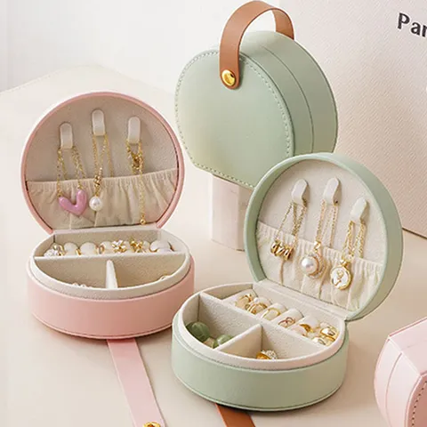 Portable Leather Jewelry Box Handbag Design Round Storage Case For Necklace Ring Earring Organizer Travel Small Jewelry Organizer Box