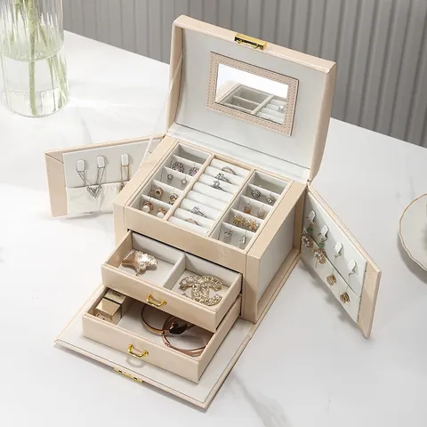 Portable PU Leather Jewelry Box With Mirror 3-Layer Drawer Organizer For Earrings Rings Necklaces Storage Case Women Travel Jewelry Chest