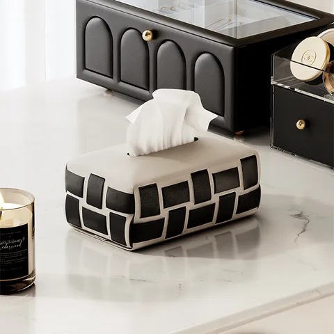 Luxury Checkerboard Leather Woven Tissue Box Modern Minimalist Living Room Bedroom Car Desktop Removable Tissue Organizer Case Holder