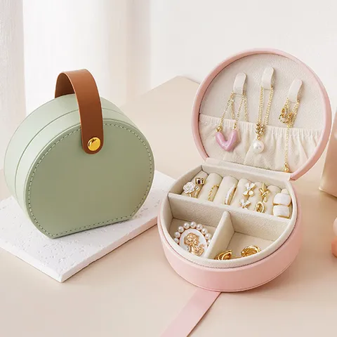 Portable Leather Jewelry Box Handbag Design Round Storage Case For Necklace Ring Earring Organizer Travel Small Jewelry Organizer Box