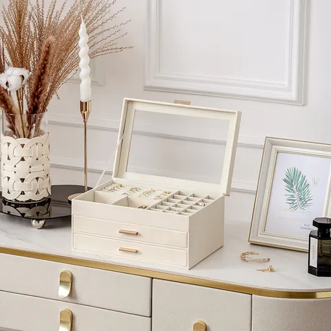 Luxury PU Leather Jewelry Box Large Capacity 3 Layers Organizer With Glass Window Drawers For Earrings Rings Necklaces