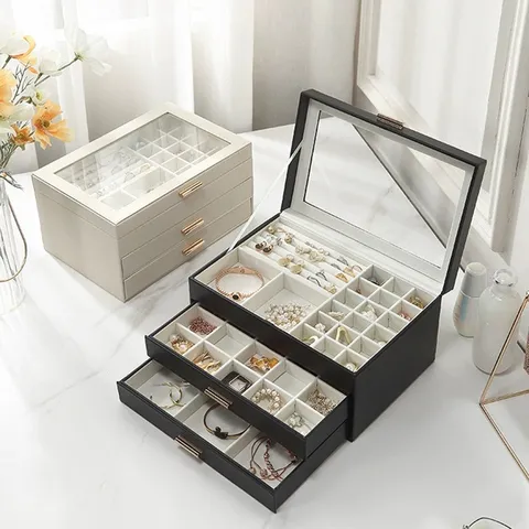 Luxury PU Leather Jewelry Box Large Capacity 3 Layers Organizer With Glass Window Drawers For Earrings Rings Necklaces