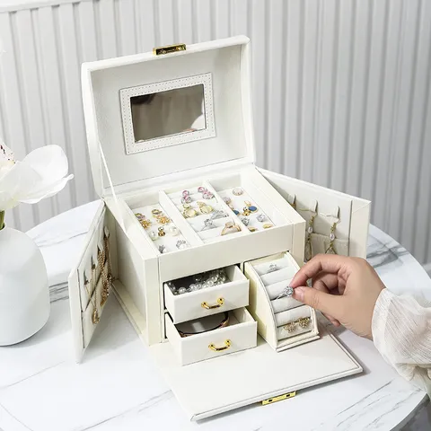 Large Capacity PU Leather Jewelry Box For Ring Earring Necklace Organizing Built-in Mirror Portable Case Holiday Present