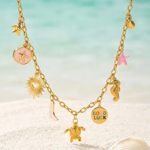 Edelstahl Ozean Stil Runder Anhänger Kette Gold Strand Multi Charm Seestern Schildkröte Good Luck Kette Damen Schmuck