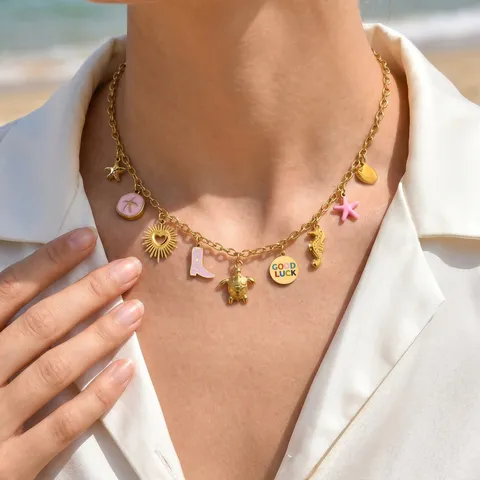 Edelstahl Ozean Stil Runder Anhänger Kette Gold Strand Multi Charm Seestern Schildkröte Good Luck Kette Damen Schmuck