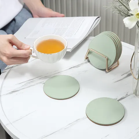 Modern PU Leather Cork Coaster Set With Metal Stand Minimalist Solid Color Desktop Storage Tray For Dining Table Home Office Decor