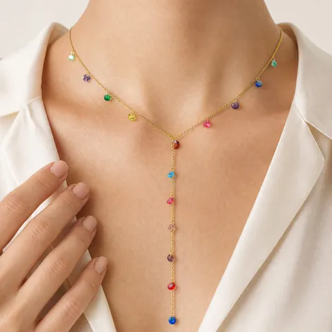 Women Stainless Steel Y-Shaped Necklace Colorful Zirconia Waterdrop Pendant Gold Plated Boho Chic Link Chain Jewelry Gift