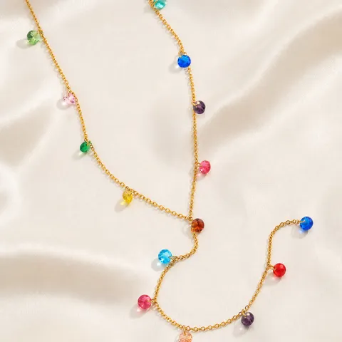 Women Stainless Steel Y-Shaped Necklace Colorful Zirconia Waterdrop Pendant Gold Plated Boho Chic Link Chain Jewelry Gift