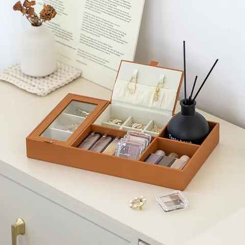 Plateau de Rangement de Bureau en Cuir PU Nordique pour Bijoux Cosmétiques Boîte de Rangement Décorative Maison Luxe Léger Marron