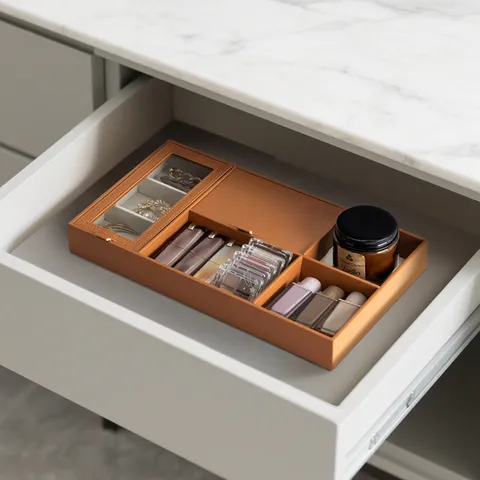 Plateau de Rangement de Bureau en Cuir PU Nordique pour Bijoux Cosmétiques Boîte de Rangement Décorative Maison Luxe Léger Marron