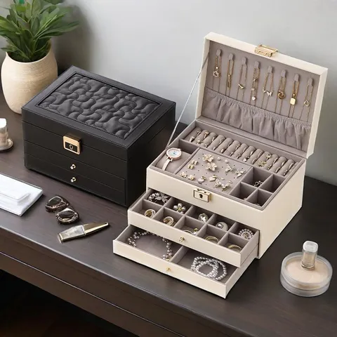 Large Capacity PU Leather Jewelry Box Three Layers Storage Organizer Box Mirror Metal Lock Case For Necklaces Rings Earrings