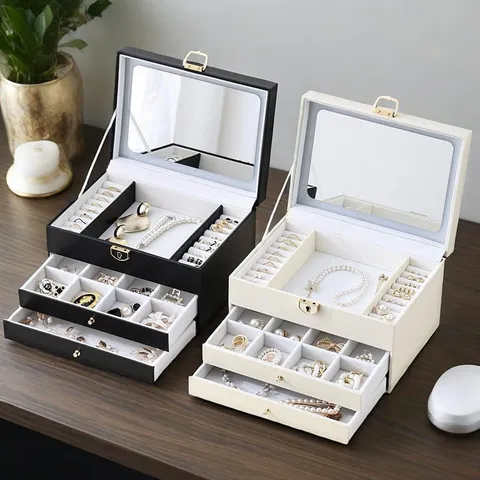Large Capacity PU Leather Jewelry Box Three Layers Storage Organizer Box Mirror Metal Lock Case For Necklaces Rings Earrings