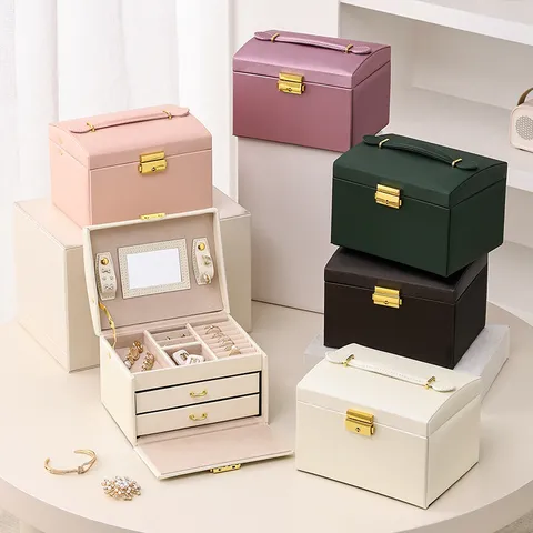 Multilayer Portable PU Leather Jewelry Box Large Capacity Travel Organizer Case With Mirror Lock Drawer For Rings Earrings
