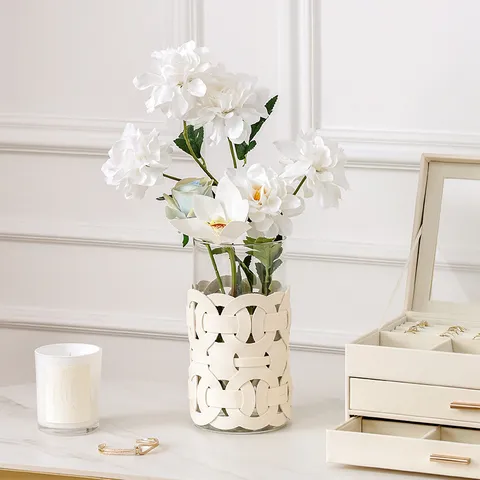 Nordische Leichte Luxus Glasvase Mit Handgewebter Lederumhüllung Dekorative Flasche Für Wohnzimmer Eingang Blumenarrangement