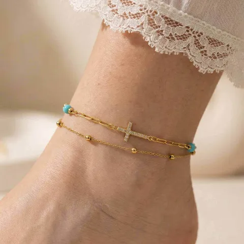 Stainless Steel Double Layer Cross Anklet With Zirconia And Blue Turquoise Beads 18K Gold Plated Luxury Foot Jewelry For Women