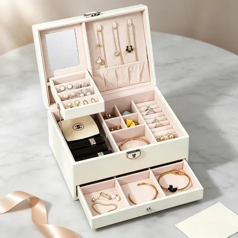 Mehrlagige PU-Leder Schmuckschatulle Mit Schloss Gesteppter Schmuck-Organizer 3 Ebenen Mit Spiegel Halskette Ring Aufbewahrungsbox Für Damen
