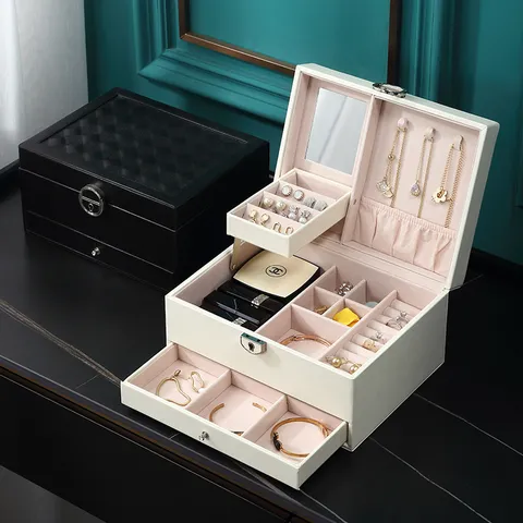 Mehrlagige PU-Leder Schmuckschatulle Mit Schloss Gesteppter Schmuck-Organizer 3 Ebenen Mit Spiegel Halskette Ring Aufbewahrungsbox Für Damen
