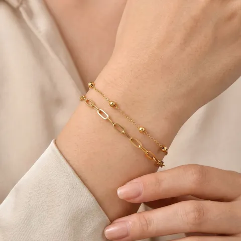 Bracelet Double Couche en Acier Inoxydable pour Femme Chaîne à Billes Dorée et Chaîne Box Bijoux Géométriques Minimalistes
