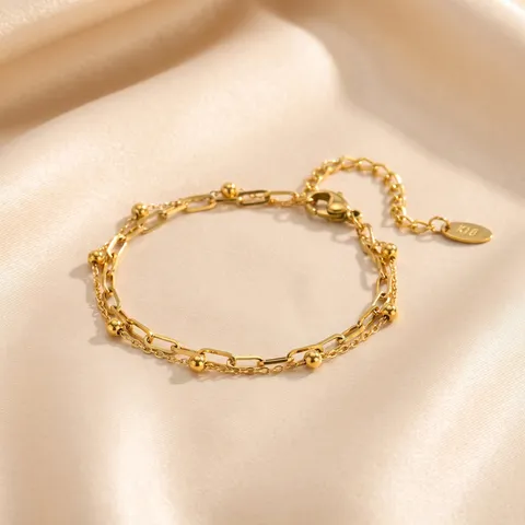 Bracelet Double Couche en Acier Inoxydable pour Femme Chaîne à Billes Dorée et Chaîne Box Bijoux Géométriques Minimalistes
