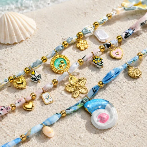 Collier Écharpe Bohème Pour Femme Perles En Acier Inoxydable Pendentif Fleur Conque Marine Colliers Rubans En Satin Bijoux Style Resort