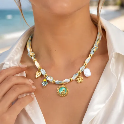 Collier Écharpe Bohème Pour Femme Perles En Acier Inoxydable Pendentif Fleur Conque Marine Colliers Rubans En Satin Bijoux Style Resort