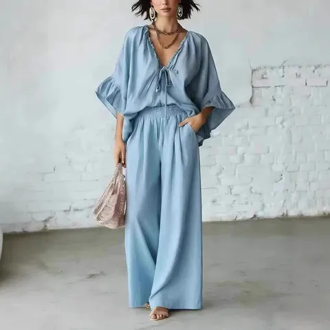 Conjunto de Dos Piezas Casual para Mujer con Cuello en V Cordón Manga Murciélago Top y Pantalón Ancho Talle Alto de Poliéster Verano