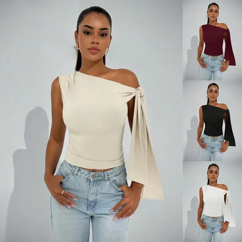 Top Asimétrico Sin Mangas Casual para Mujer Color Sólido Lazo Ajustado Poliéster Streetwear de Verano